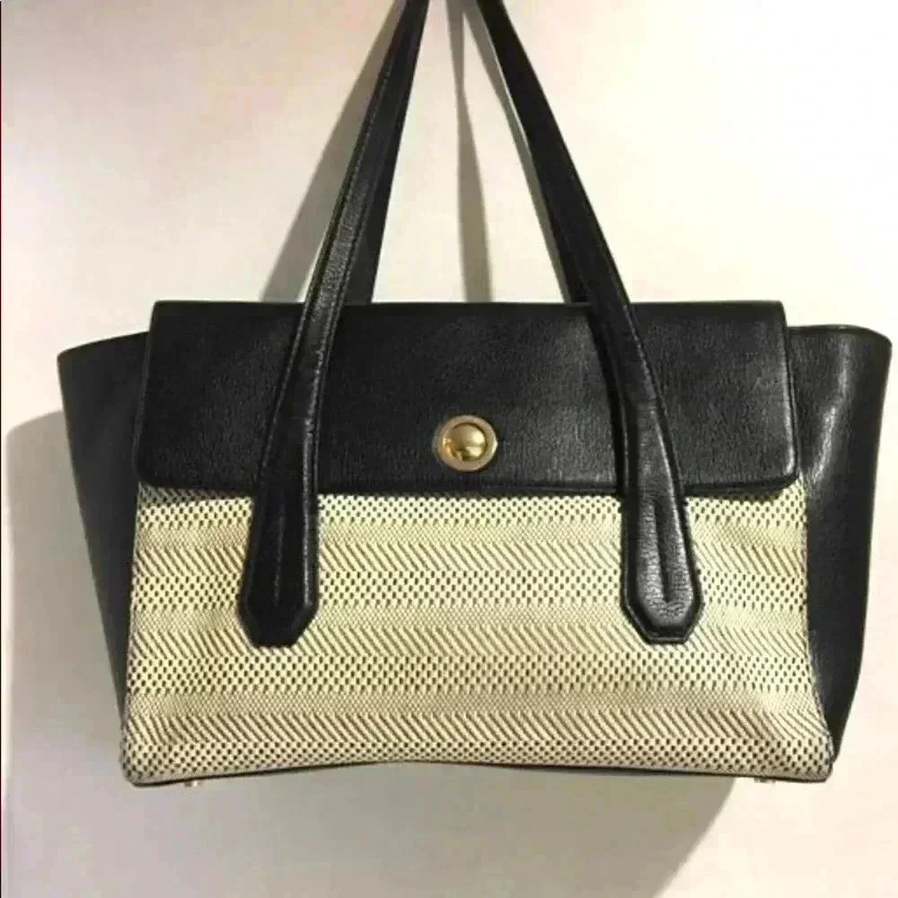 Bendel Bendel black leather beige woven satchel handbag